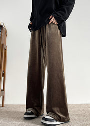 Brown Lace Up Velour Men Wide Leg Pants Elastic Waist Spring