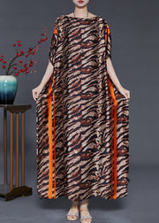 Brown Leopard Print Silk Maxi Dresses Slash Neck Summer