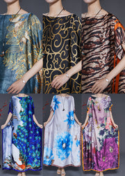 Brown Leopard Print Silk Maxi Dresses Slash Neck Summer
