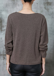 Brown Loose Cotton Sweatshirt Asymmetrical Wrinkled Spring
