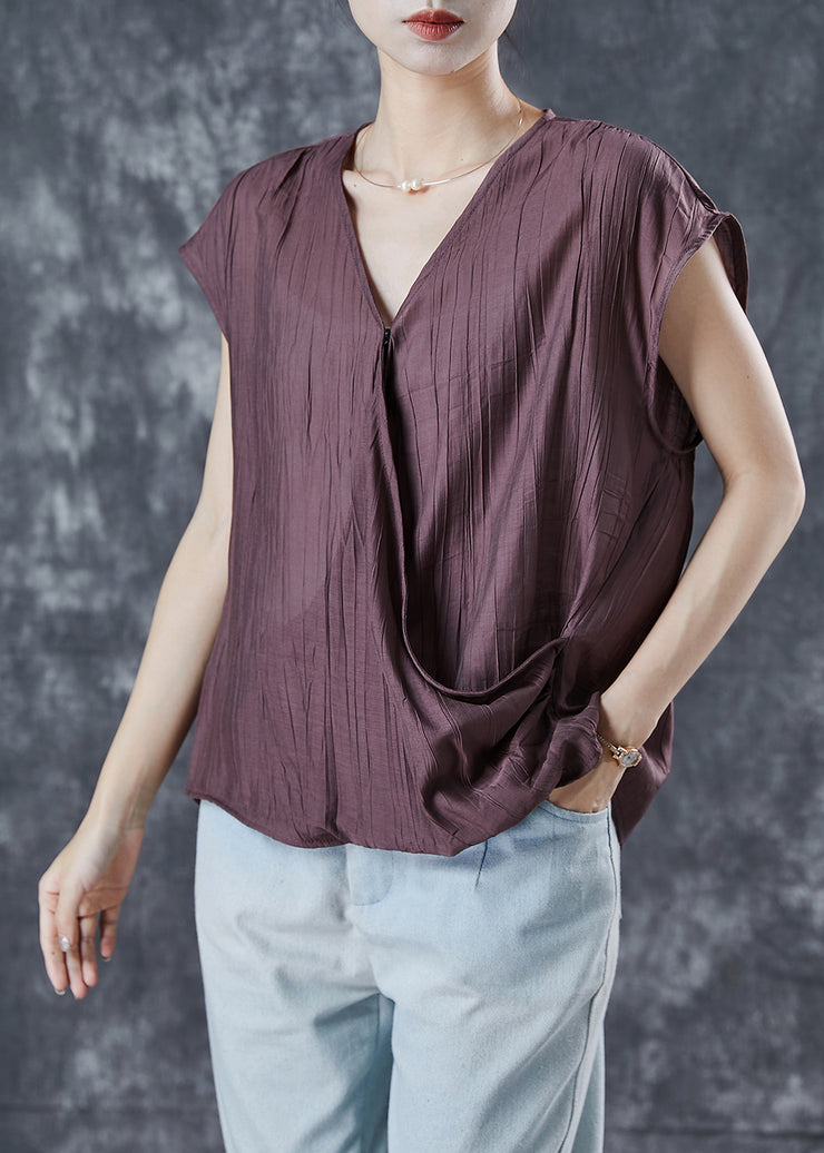 Brown Loose Linen Tank Tops Wrinkled Summer