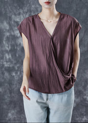 Brown Loose Linen Tank Tops Wrinkled Summer