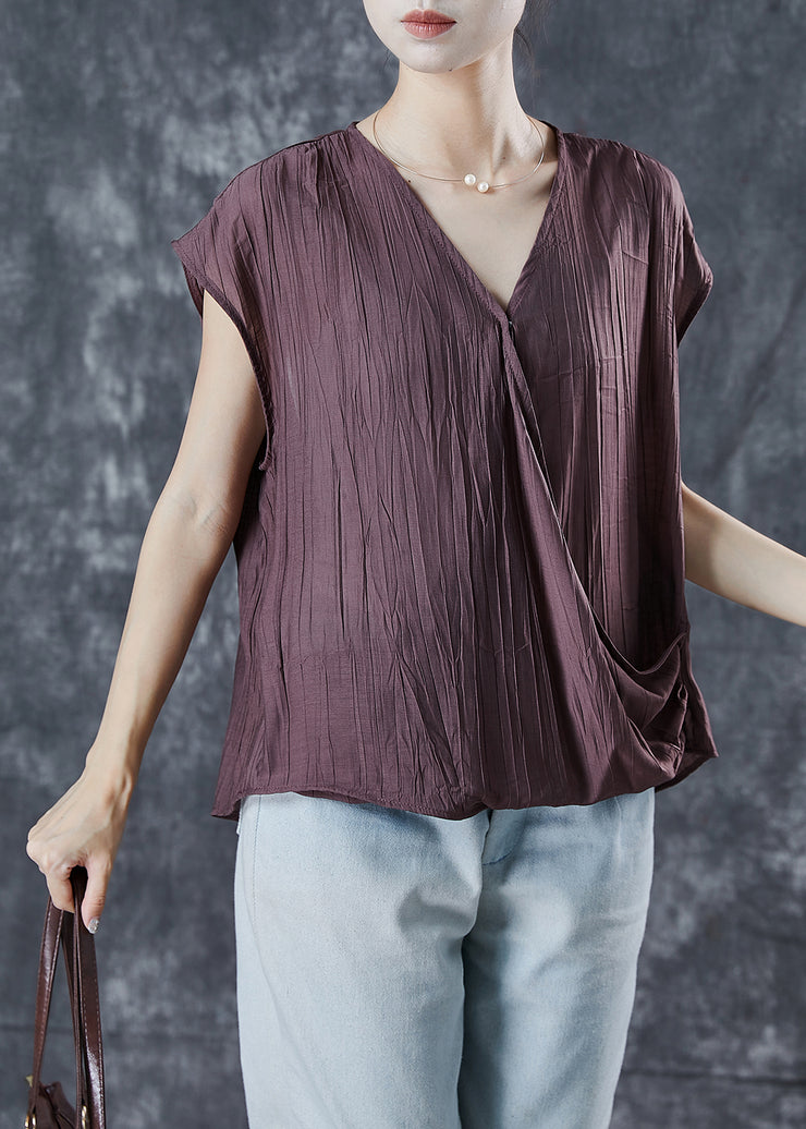 Brown Loose Linen Tank Tops Wrinkled Summer