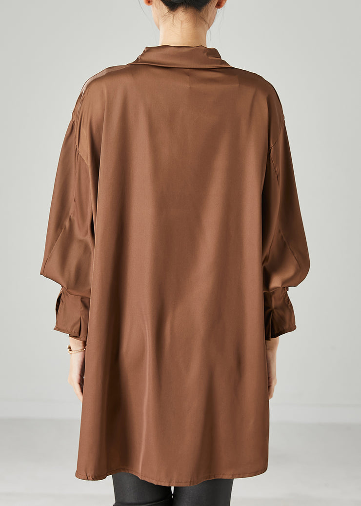 Brown Oversized Chiffon Blouse Low High Design Spring