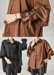 Brown Oversized Chiffon Blouse Low High Design Spring