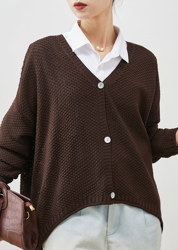 Brown Oversized Knit Loose Coat V Neck Spring
