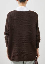 Brown Oversized Knit Loose Coat V Neck Spring