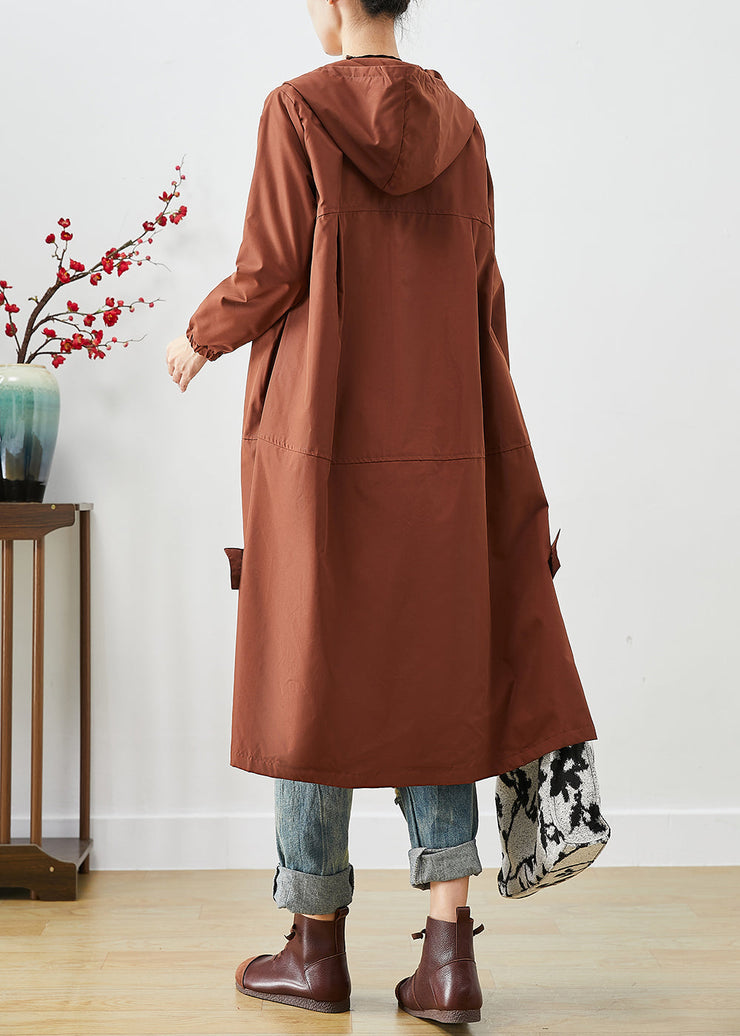 Brown Oversized Spandex Trench Hooded Zippered Fall