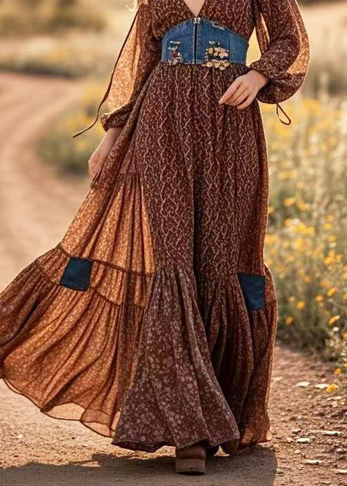 Brown Patchwork Cotton Maxi Dresses Cinched Exra Large Hem Spring