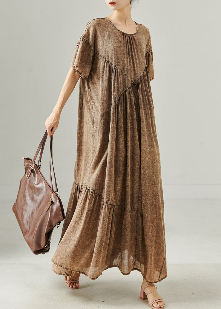 Brown Patchwork Cotton Maxi Dresses Oversized Summer