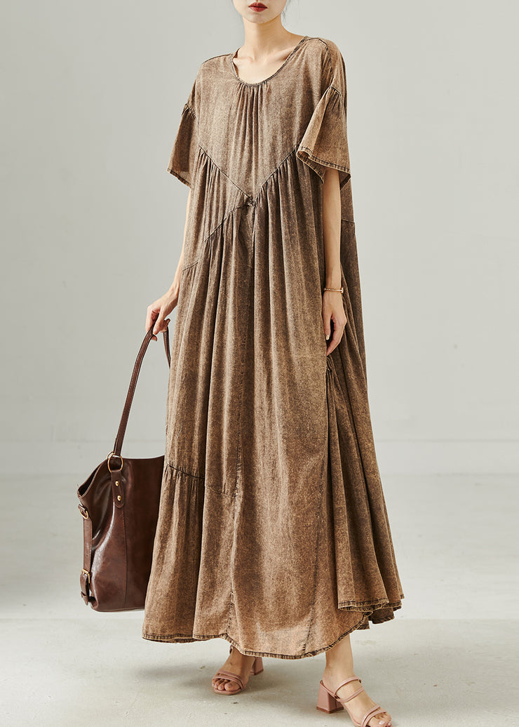 Brown Patchwork Cotton Maxi Dresses Oversized Summer