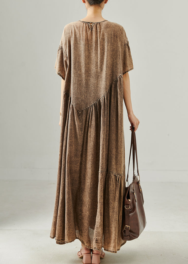 Brown Patchwork Cotton Maxi Dresses Oversized Summer