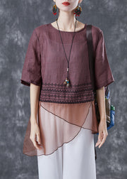 Brown Patchwork Linen Shirts Asymmetrical Embroideried Summer