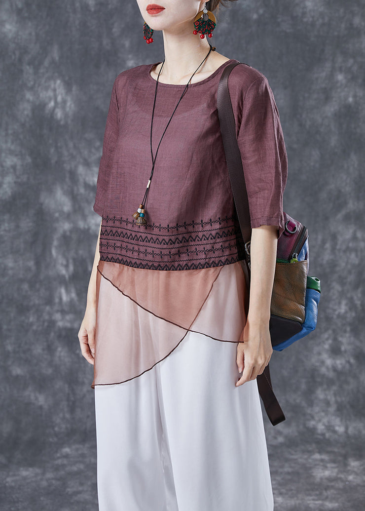 Brown Patchwork Linen Shirts Asymmetrical Embroideried Summer