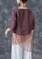 Brown Patchwork Linen Shirts Asymmetrical Embroideried Summer