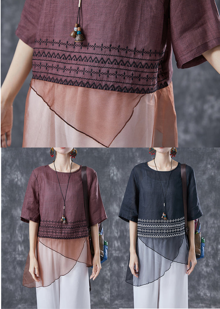 Brown Patchwork Linen Shirts Asymmetrical Embroideried Summer