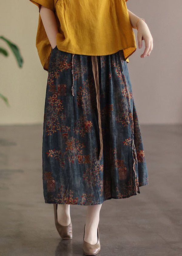 Brown Patchwork Linen Skirts High Waist Print Summer