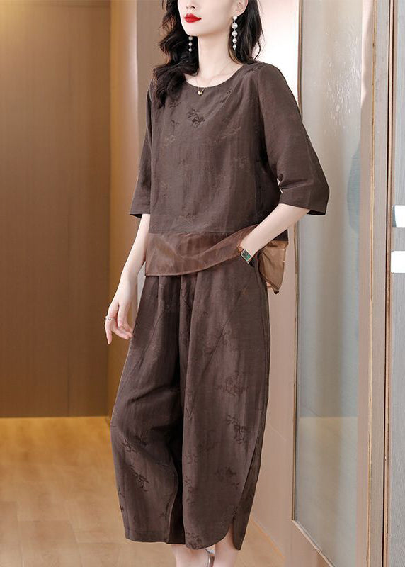 Brown Patchwork Linen Two-Piece Set Oversized Jacquard Spring