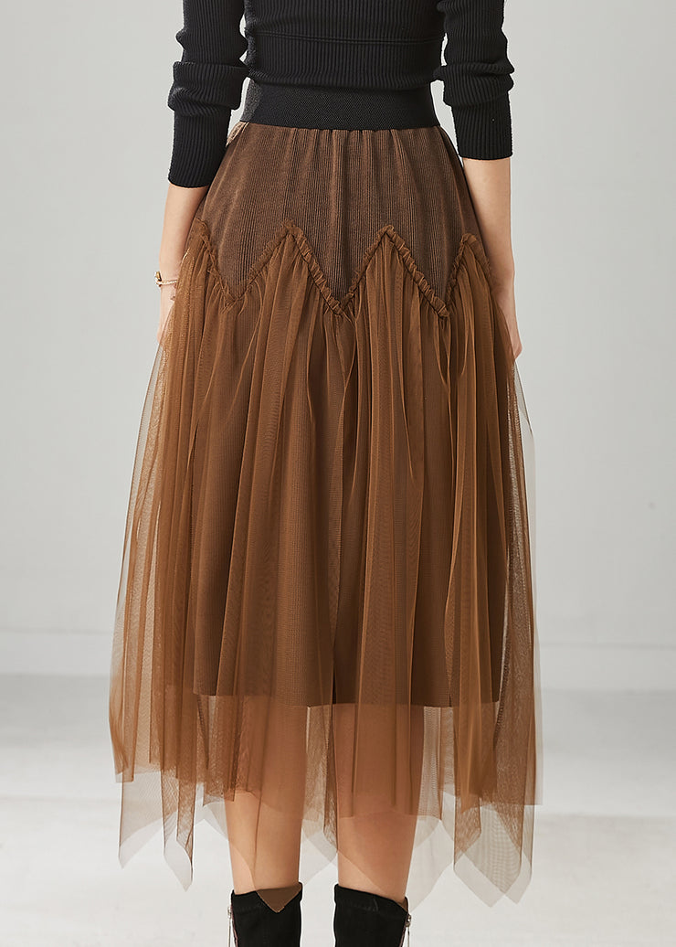 Brown Patchwork Tulle Corduroy Skirt Elastic Waist Spring