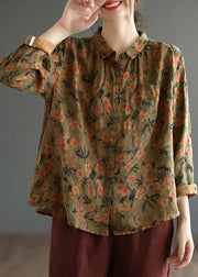 Brown Peter Pan Collar Button Linen Shirt Long Sleeve