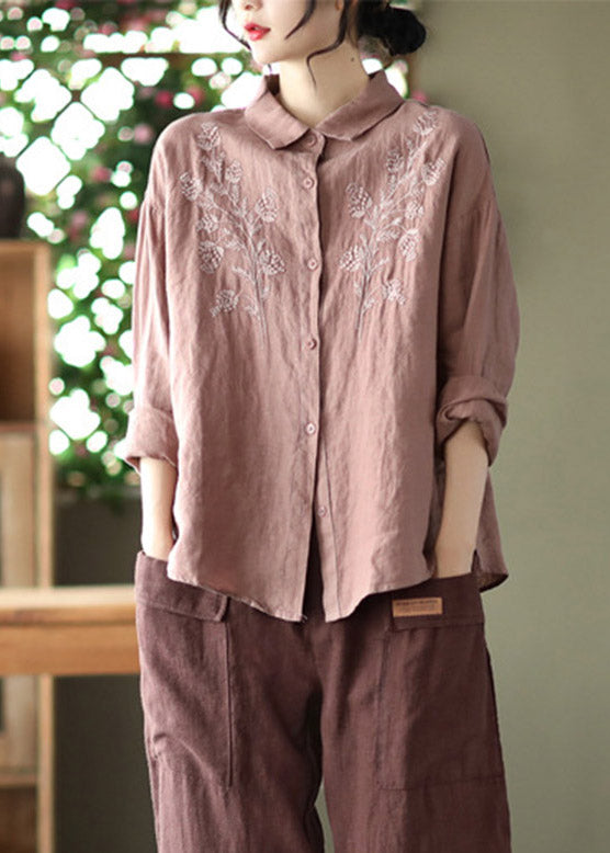 Brown Peter Pan Collar Button Linen Shirts Long Sleeve