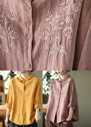 Brown Peter Pan Collar Button Linen Shirts Long Sleeve