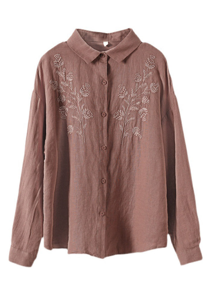 Brown Peter Pan Collar Button Linen Shirts Long Sleeve