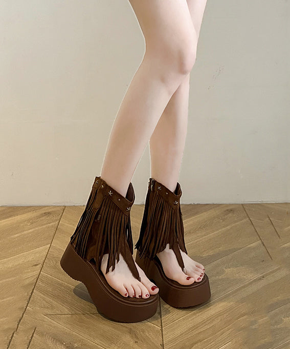 Brown Platform Rivet Tassel Roman Thong Sandals For Women&