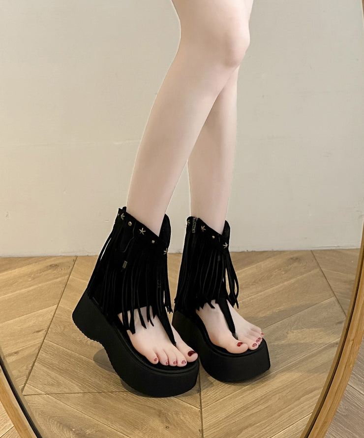Brown Platform Rivet Tassel Roman Thong Sandals For Women&