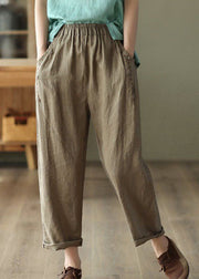 Brown Pockets High Waist Linen Pants Summer