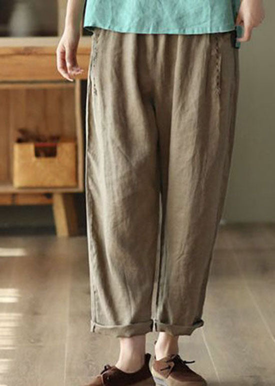 Brown Pockets High Waist Linen Pants Summer