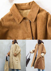 Brown Pockets Patchwork Corduroy Coat Peter Pan Collar Long Sleeve