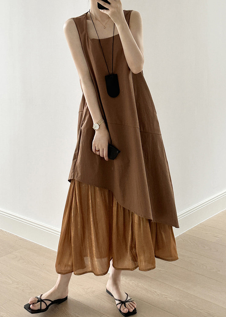 Brown Pockets Patchwork Cotton Long Dresses Square Collar Sleeveless