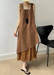 Brown Pockets Patchwork Cotton Long Dresses Square Collar Sleeveless