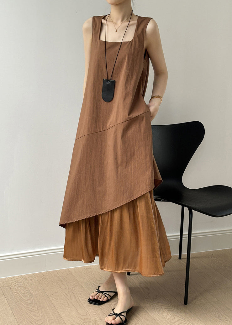 Brown Pockets Patchwork Cotton Long Dresses Square Collar Sleeveless