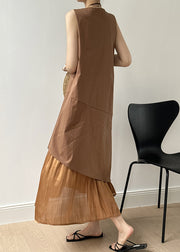 Brown Pockets Patchwork Cotton Long Dresses Square Collar Sleeveless