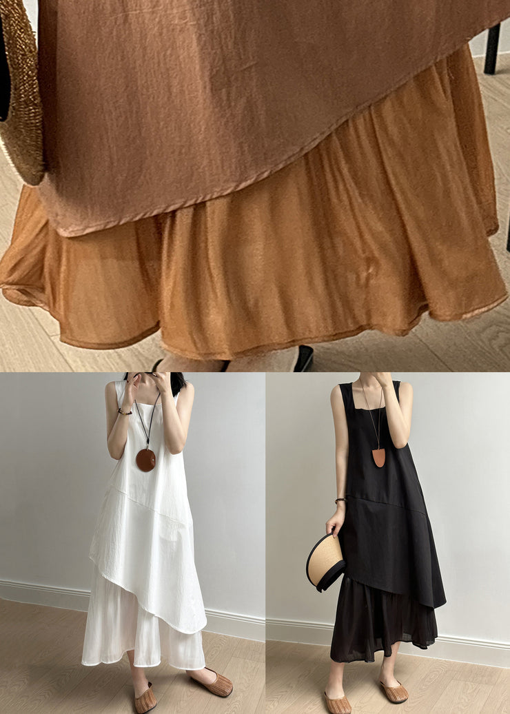 Brown Pockets Patchwork Cotton Long Dresses Square Collar Sleeveless