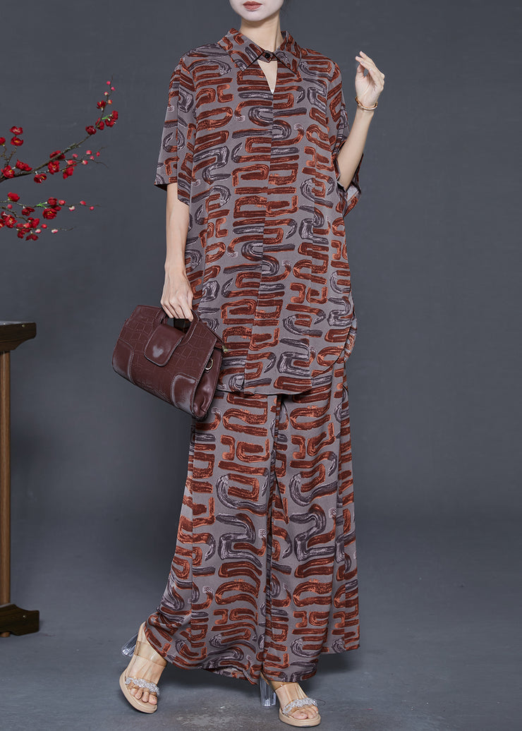 Brown Print Chiffon Two Piece Set Women Clothing Notched Summer