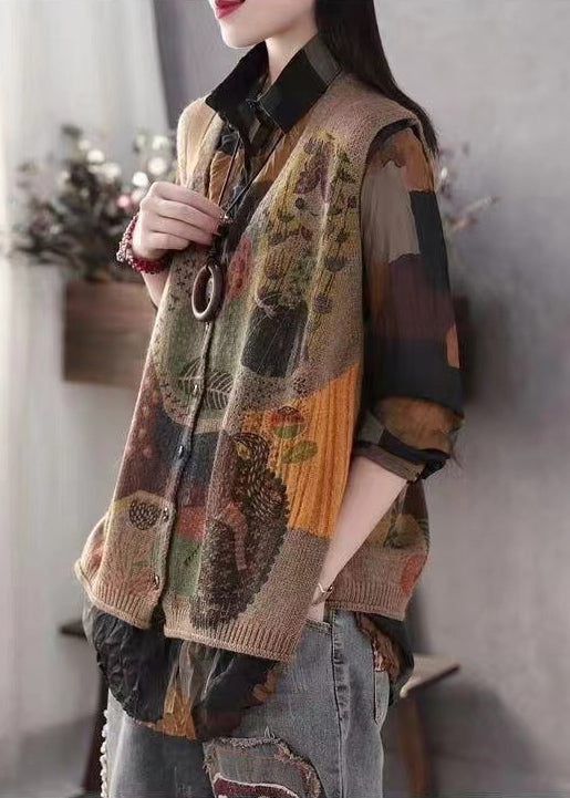 Brown Print Knit Vests V Neck Spring