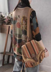 Brown Print Knit Vests V Neck Spring