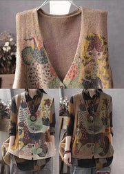 Brown Print Knit Vests V Neck Spring