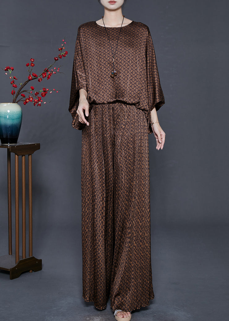 Brown Print Silk Two Pieces Set Oversized Batwing Sleeve