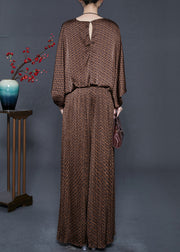 Brown Print Silk Two Pieces Set Oversized Batwing Sleeve