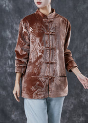 Brown Retro Corduroy Coats Dragon Embroideried Spring