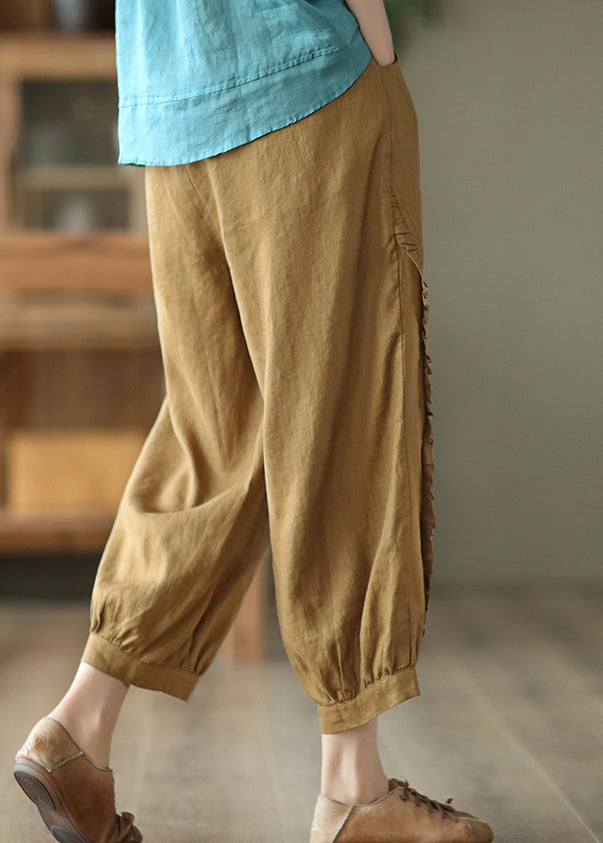 Brown Ruffled Elastic Waist Cozy Crop Pants