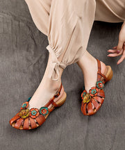 Brown Sandals Splicing Cowhide Leather Hollow Out Buckle Strap Floral