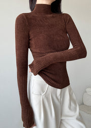 Brown Silm Fit Knit Sweater High Neck Spring