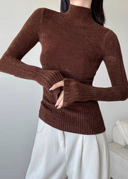 Brown Silm Fit Knit Sweater High Neck Spring