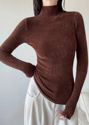 Brown Silm Fit Knit Sweater High Neck Spring