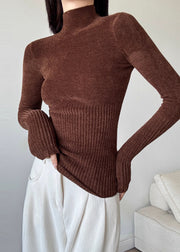 Brown Silm Fit Knit Sweater High Neck Spring